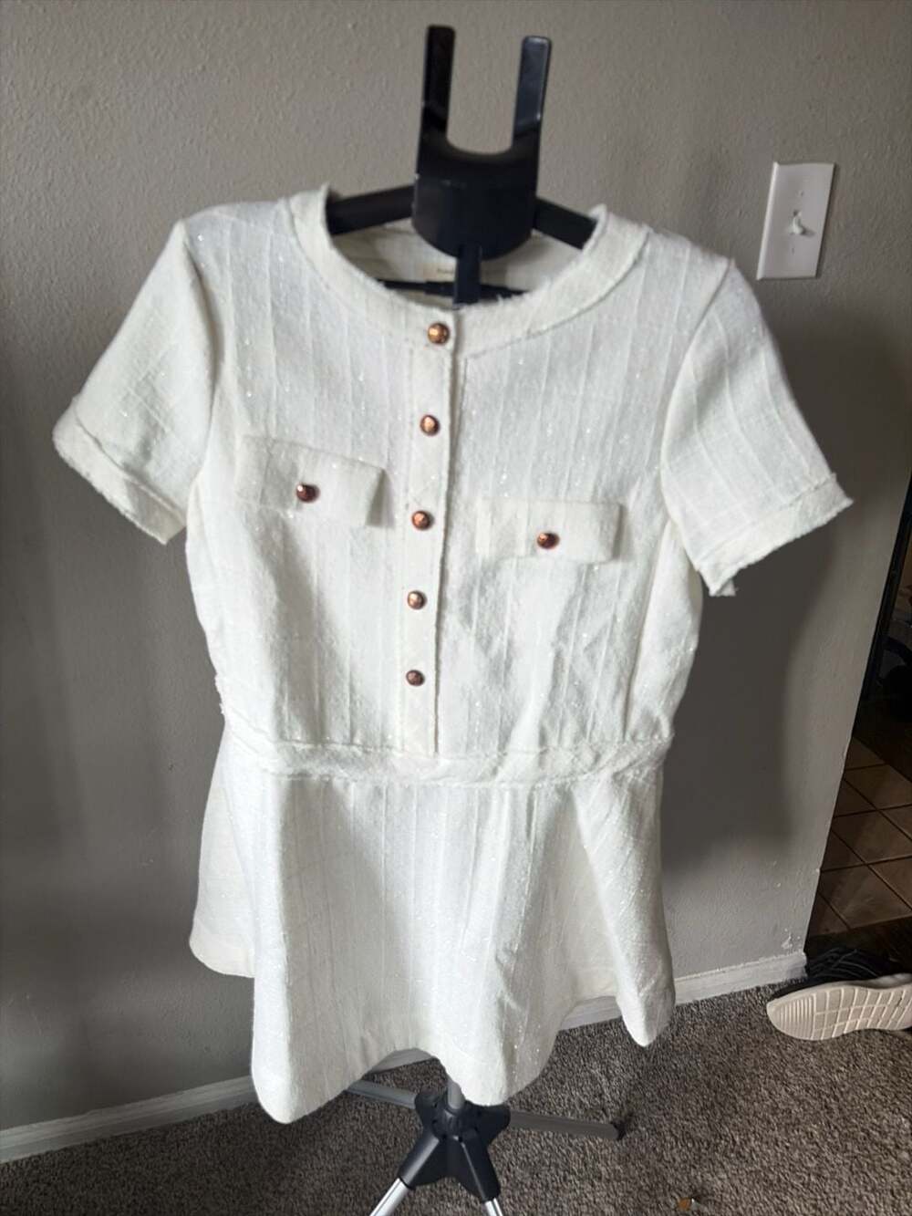 Sunday Up Ecru White Textured Tweed Short Sleeve Button Front Mini Dress